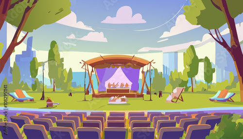 Vector illustration of outdoor cinema stage with seats, chairs and tents.