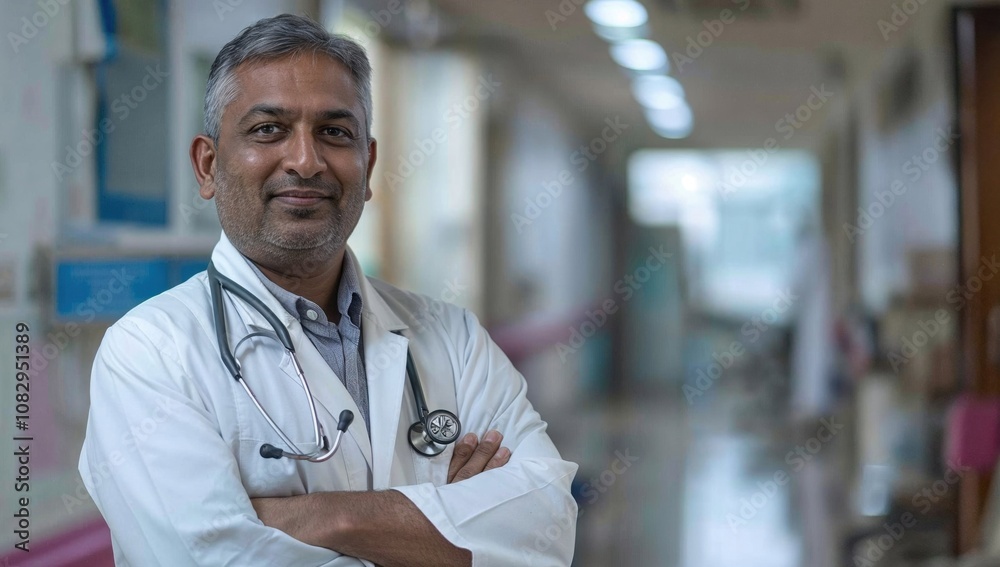 Confident male doctor with folded arms and stethoscope, standing in a hospital corridor, exuding professionalism, trust, and experience Confident male doctor with folded arms and stethoscope, standing in a hospital corridor, exuding professionalism, trust, and experience