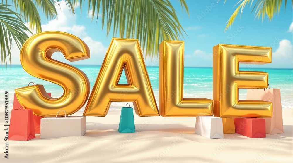 Obraz premium Sunny beach sale: vibrant golden letters and shopping bags on tropical island