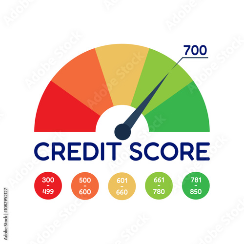 Credit score gauge, performance scale. Levels from poor to excellent. Financial rating, report. Score numbers in groups. Isolated elements on transparent background.