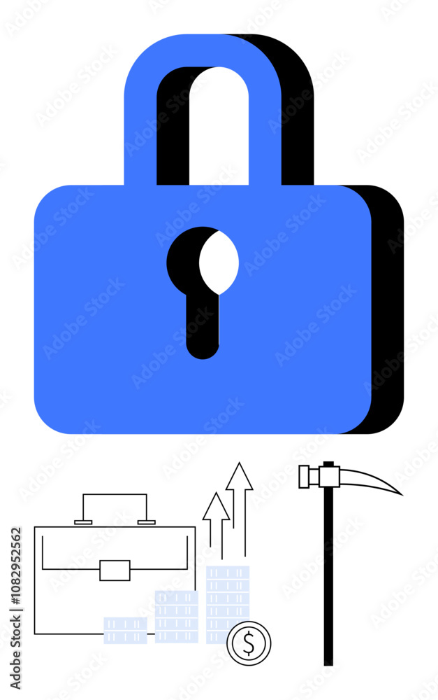 Blue padlock symbolizing security with a briefcase, bar graph, coin, and pickaxe. Ideal for business, finance, security, mining growth investment corporate strategy. Line metaphor Blue padlock symbolizing security with a briefcase, bar graph, coin, and pickaxe. Ideal for business, finance, security, mining growth investment corporate strategy. Line metaphor