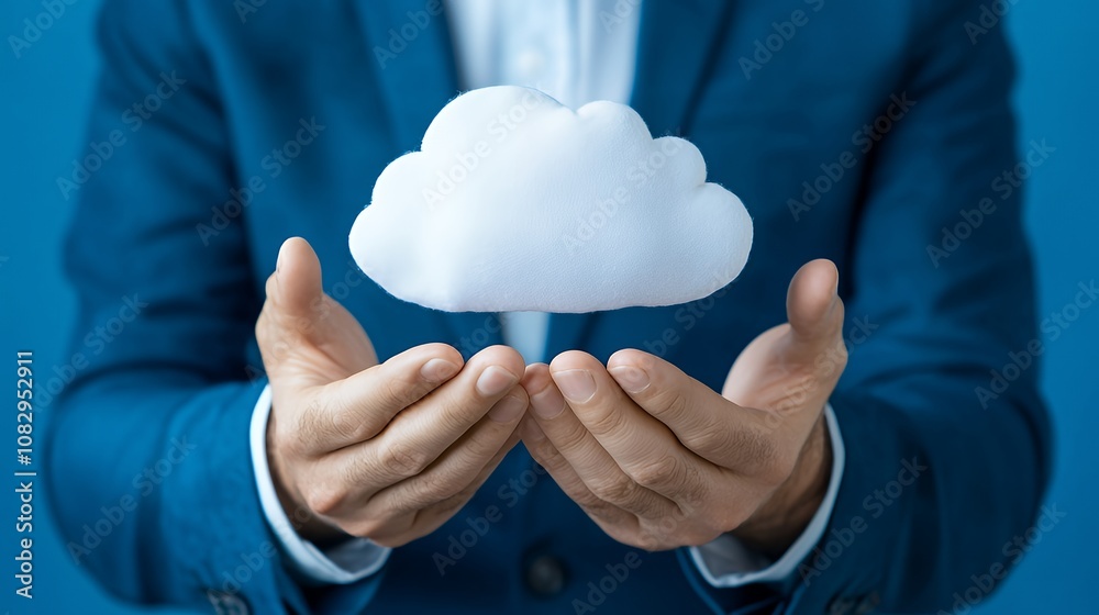 Businessman holding a cloud symbol in his hands, representing cloud computing, data storage, or online services. Businessman holding a cloud symbol in his hands, representing cloud computing, data storage, or online services.