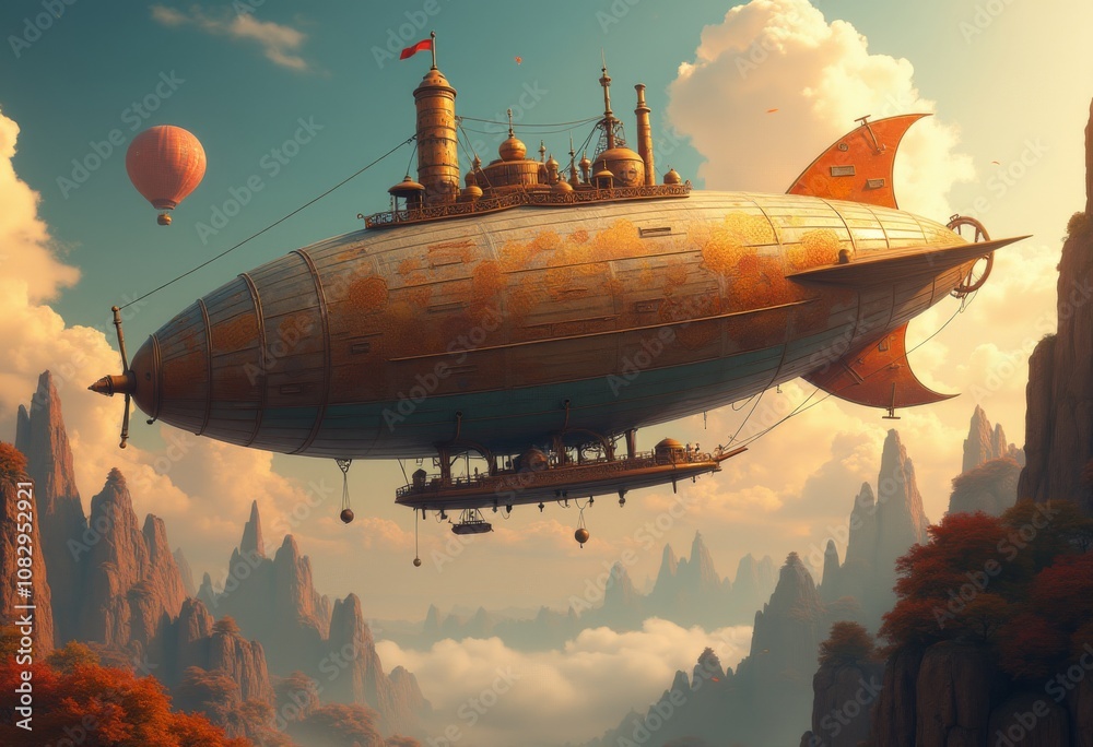 A majestic airship gliding through a serene mountain landscape at sunset with hot air balloons floating in the distance A majestic airship gliding through a serene mountain landscape at sunset with hot air balloons floating in the distance