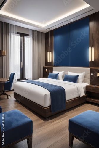 Luxurious Modern Hotel Room with Blue Accents and Elegant Lighting Design