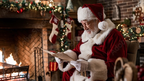 Santa's Cozy Christmas Eve: Santa Claus reads Christmas letters by the fireplace, surrounded by festive decorations. A heartwarming scene capturing the magic of Christmas Eve.  photo