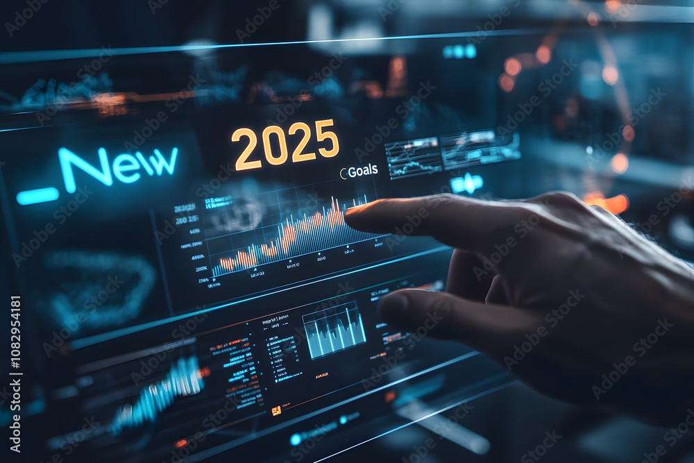 A hand interacting with a futuristic digital dashboard displaying data trends for 2025 goals. A hand interacting with a futuristic digital dashboard displaying data trends for 2025 goals.