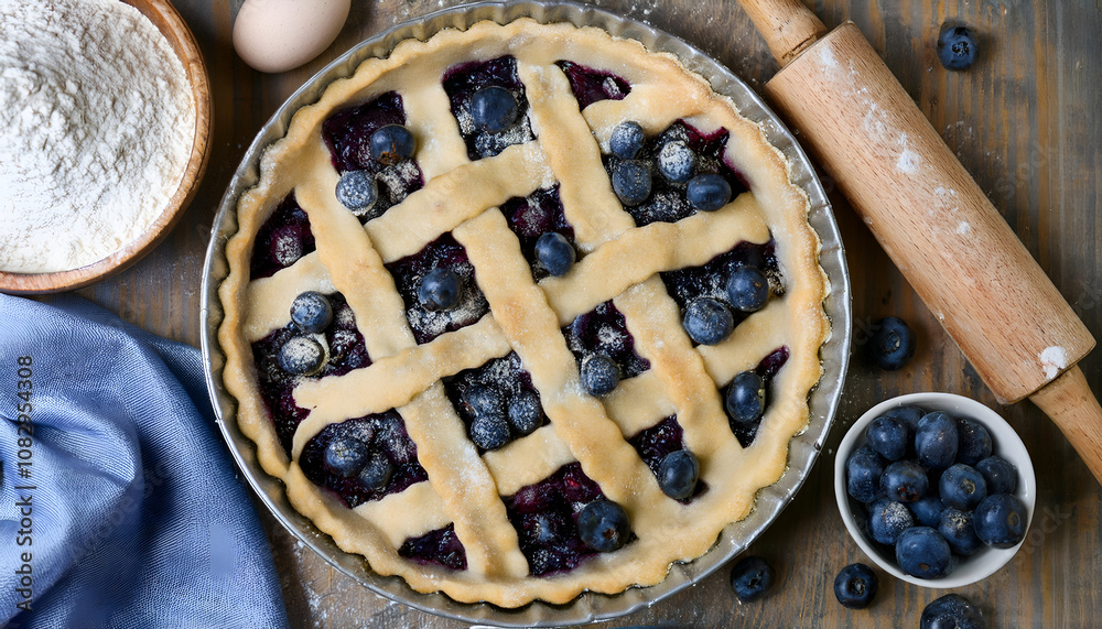 A freshly baked blueberry pie with a golden lattice crust surrounded by baking ingredients on a wooden surface, evoking a sense of warmth and homely comfort. A freshly baked blueberry pie with a golden lattice crust surrounded by baking ingredients on a wooden surface, evoking a sense of warmth and homely comfort.