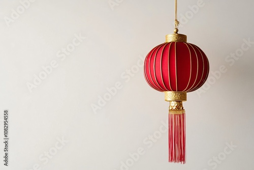 Traditional red Chinese lantern with golden details and tassel hanging against a plain beige background. Festive symbol of Chinese New Year celebration. Design for greeting card, poster, and invitatio photo