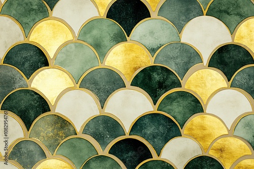 Art deco scalloped pattern in shades of green, gold, and cream with a textured appearance