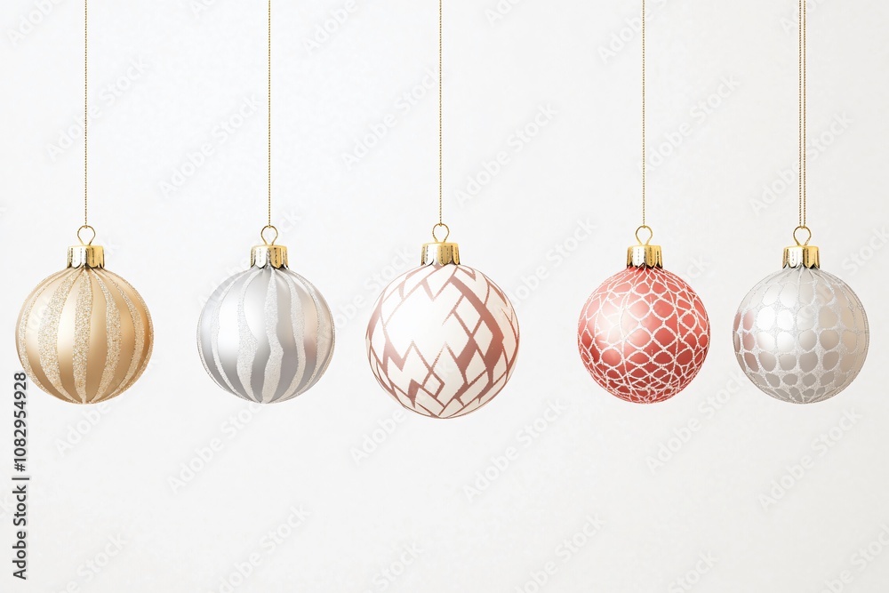 Set of five Christmas ornaments in gold, silver, and red tones with unique patterns on a white background Set of five Christmas ornaments in gold, silver, and red tones with unique patterns on a white background