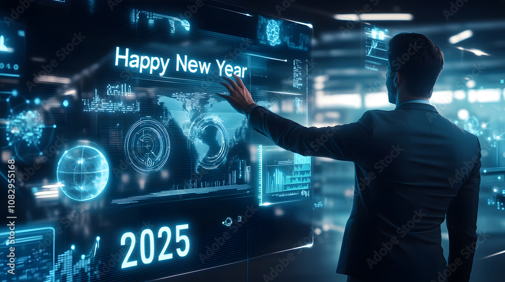 A man in a suit interacts with a futuristic digital display celebrating the New Year 2025. A man in a suit interacts with a futuristic digital display celebrating the New Year 2025.