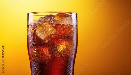 Glass of cola with ice on a yellow background