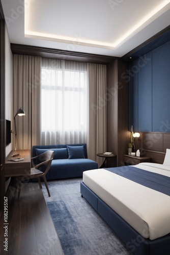 Stylish Hotel Room Featuring Dark Wood Paneling and Sleek Blue Details