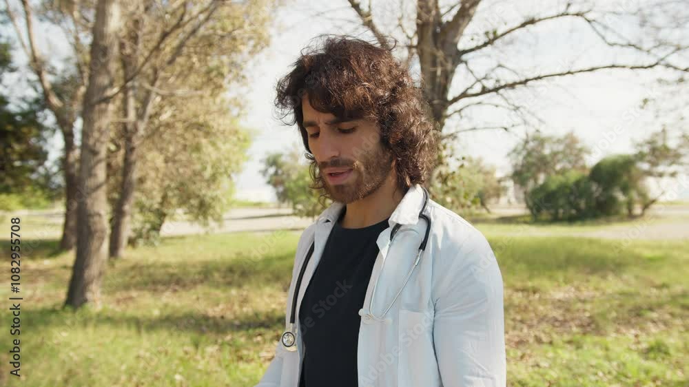 Long Hair Man Doctor Talks With Patient In Park Outside Private Clinic Long Hair Man Doctor Talks With Patient In Park Outside Private Clinic