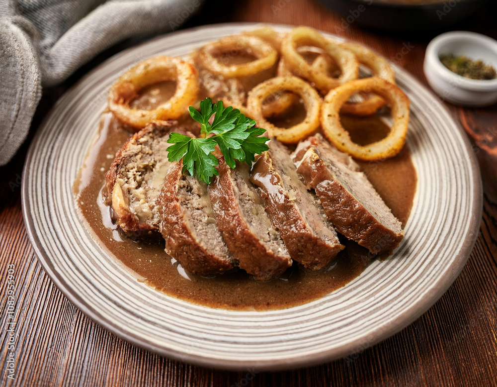 Sliced roasted meatloaf is served on a gray ceramic plate with onion rings, parsley garnish, and rich brown gravy sauce. Sliced roasted meatloaf is served on a gray ceramic plate with onion rings, parsley garnish, and rich brown gravy sauce.