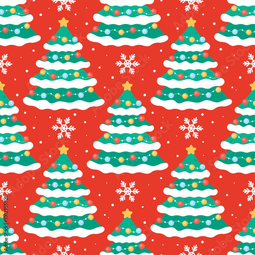 Cute Christmas trees pattern seamless vector illustration. Colorful festive Xmas and winter background with snowflakes, simple holiday elements, ornaments and symbols for winter seasonal designs