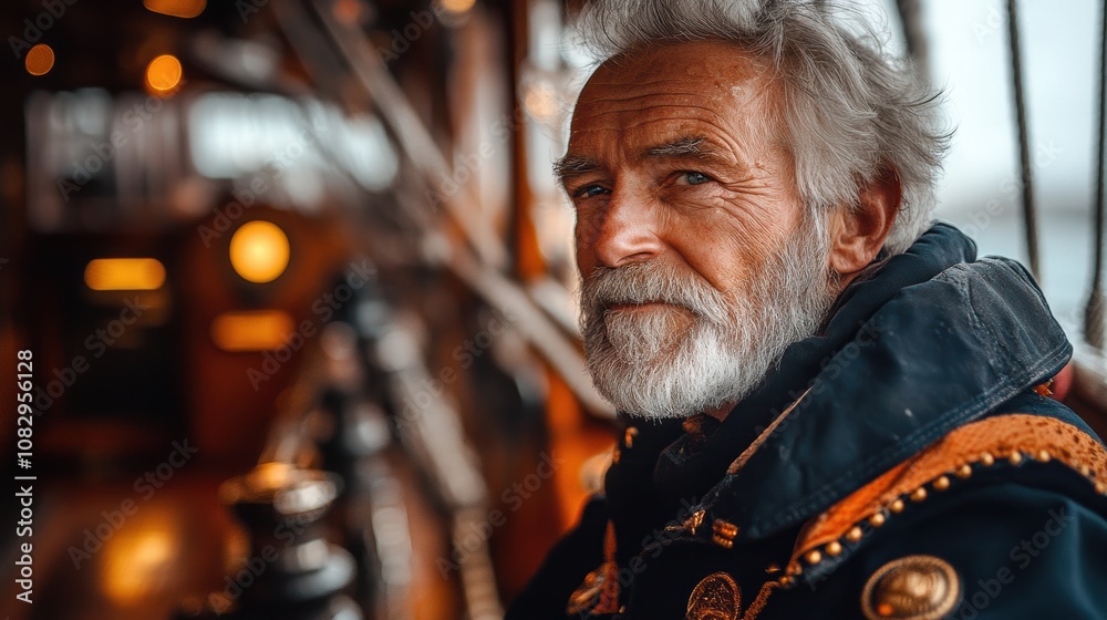 A contemplative portrait of an elderly sailor aboard a vintage ship, deeply immersed in thought, surrounded by the historical ambiance of maritime adventure A contemplative portrait of an elderly sailor aboard a vintage ship, deeply immersed in thought, surrounded by the historical ambiance of maritime adventure