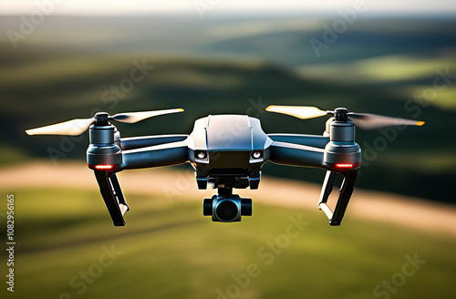 Drone with camera, Drone flies against the background of trees and sky, unmanned flying object, Drone hovering in the air and recording. Close-up. No war. Concept.