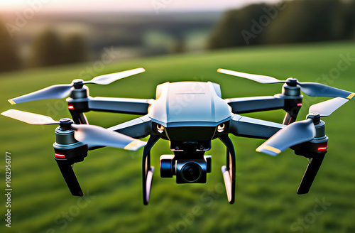 Drone with camera, Drone flies against the background of trees and sky, unmanned flying object, Drone hovering in the air and recording. Close-up. No war. Concept.