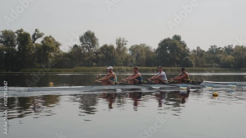 Rowing team training. Side view of 4 young caucasian male rowers, during a rowing practice, athlete sitting in a boat in the river Dnipro, rows through a calm water in autumn. 4k footage. City area in