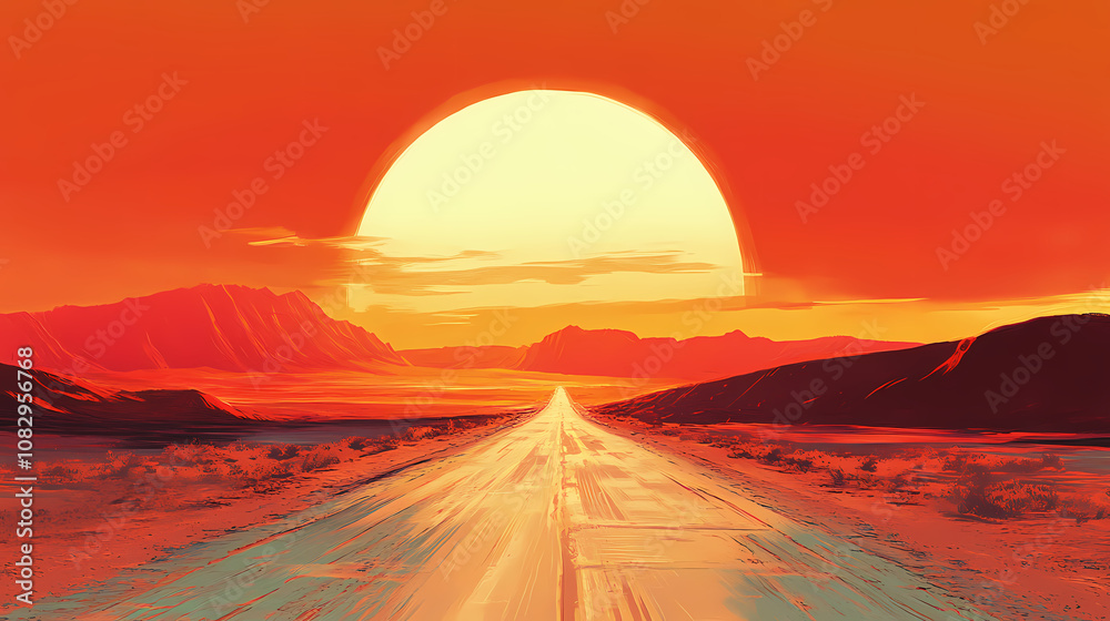 A desert road under a blazing sun, with the mirage effect creating distorted reflections of the landscape due to rising heatwaves. Mirage. Illustration A desert road under a blazing sun, with the mirage effect creating distorted reflections of the landscape due to rising heatwaves. Mirage. Illustration