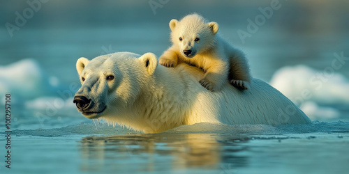 Polar bear with cub on back