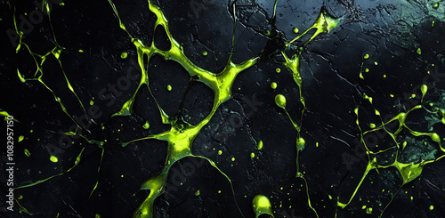 Neon green liquid breaking through black textured background 