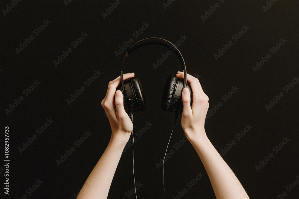 hands holding premium headphones, music is life hands holding premium headphones, music is life