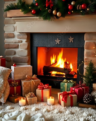 feu de cheminée devant lequel des cadeaux de Noël er des décorations de Noël sont disposées photo