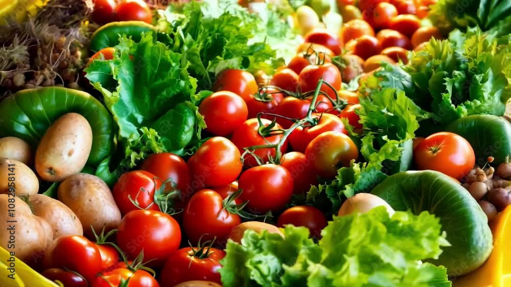 A row of fresh vegetables including tomatoes, lettuce, and potatoes. Concept of abundance and freshness A row of fresh vegetables including tomatoes, lettuce, and potatoes. Concept of abundance and freshness
