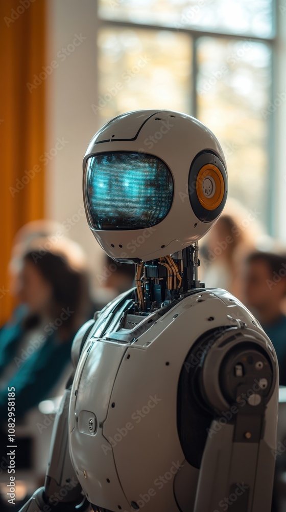 Ai robot professor in hightech classroom with holographic projections Ai robot professor in hightech classroom with holographic projections