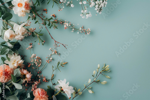 frame of tender spring flowers against blue background. spring summer backdrop. AI Generated photo