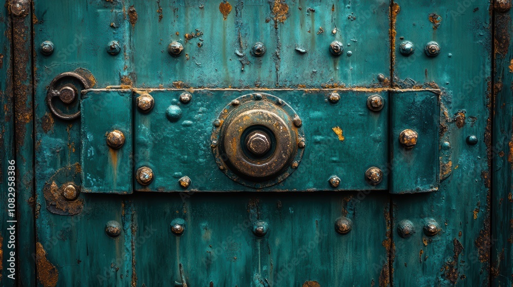 Rustic and weathered teal metal door texture with rivets and central circular detail showcases a vintage and industrial aesthetic perfect for backgrounds Rustic and weathered teal metal door texture with rivets and central circular detail showcases a vintage and industrial aesthetic perfect for backgrounds