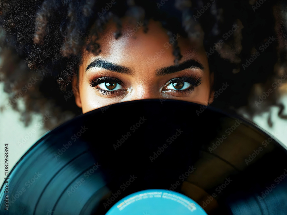 Portrait of beautiful black young girl with afro hair hiding behind vinyl record, shy woman, people lifestyle background