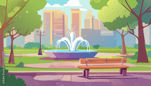 City park with fountain and bench. Flat vector illustration in cartoon style