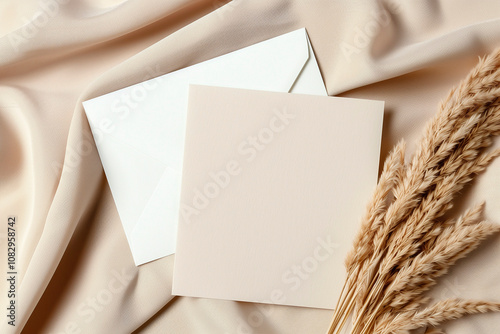 blank business card with blank card against beige background and shadows. mock up. close up. AI Generated