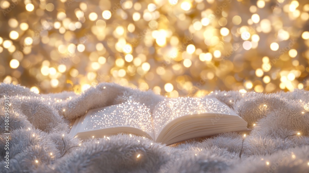 Naklejka premium Cozy Holiday Reading Nook with Glittering Decorations and Bokeh Lights in 3D Render Artwork for Relaxation and Festive Ambiance