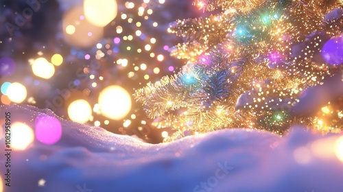 Enchanted Christmas Tree Wonderland - Ultra-Detailed 3D Render of Festive Nighttime Scene with Sparkling Snow and Colorful Bokeh Lights