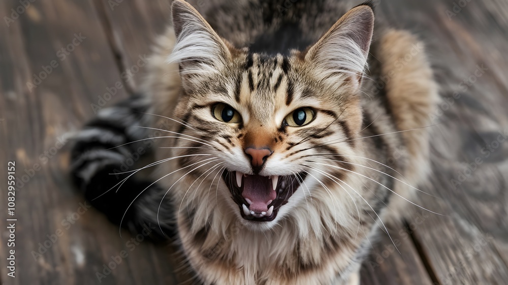 Fototapeta premium Cat with open mouth and sharp teeth on wooden surface