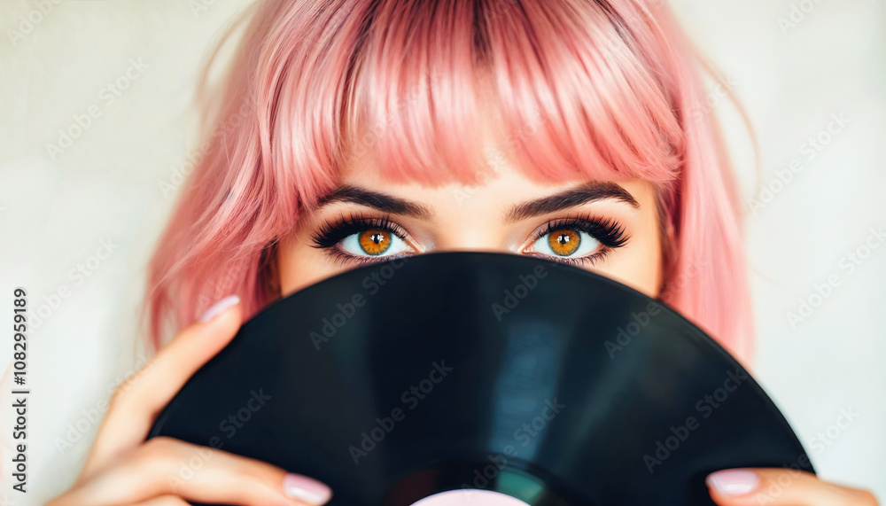 Portrait of beautiful young with pink hair girl hiding behind vinyl record, shy woman, people lifestyle background