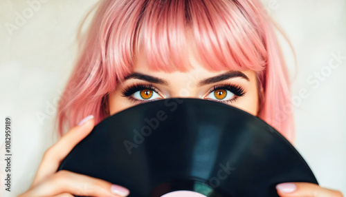 Portrait of beautiful young with pink hair girl hiding behind vinyl record, shy woman, people lifestyle background