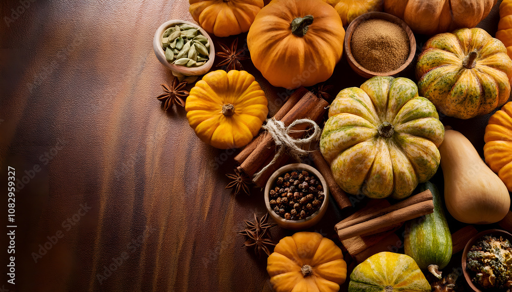 A warm autumn harvest scene featuring diverse gourds, nuts, and spices arranged artfully on a rustic surface. Perfect for showcasing seasonal themes and cozy, natural decor. A warm autumn harvest scene featuring diverse gourds, nuts, and spices arranged artfully on a rustic surface. Perfect for showcasing seasonal themes and cozy, natural decor.