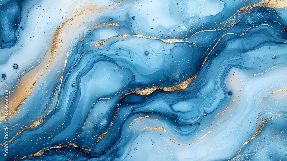 Abstract blue and gold fluid art with swirling patterns and textures. Abstract blue and gold fluid art with swirling patterns and textures.