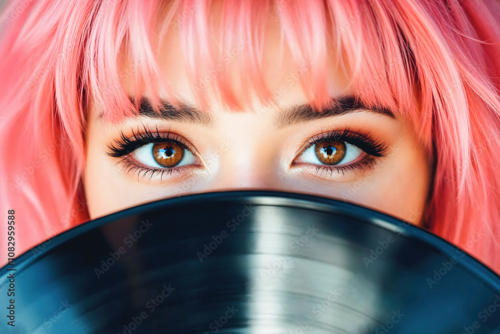 Portrait of beautiful young girl with pink hair hiding behind vinyl record, shy woman, people lifestyle background