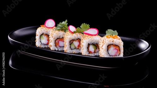 Vibrant sushi rolls with bright garnishes, including radish slices, cilantro, and sesame seeds, artistically arranged on a modern black plate, capturing a fresh photo