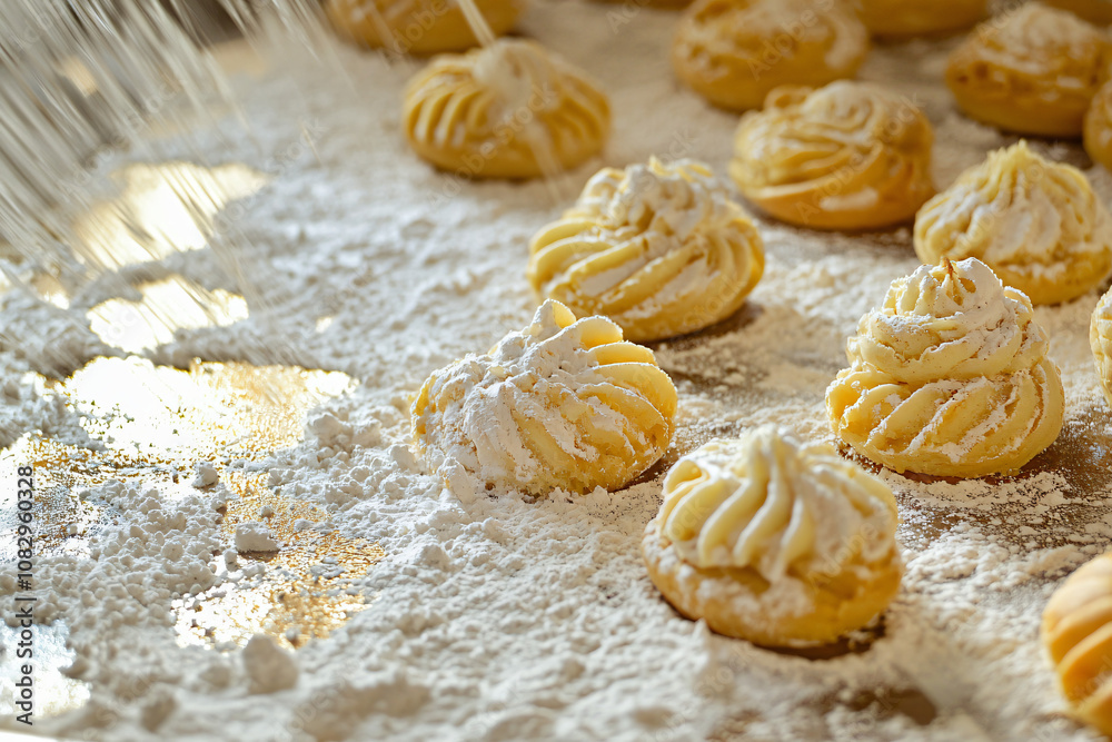 an elegant bakery presentation with golden baked goods and flour accents
