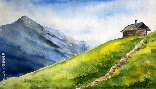 Watercolor painting of mountain hut on steep green hill. Hand drawn art. Natural landscape.