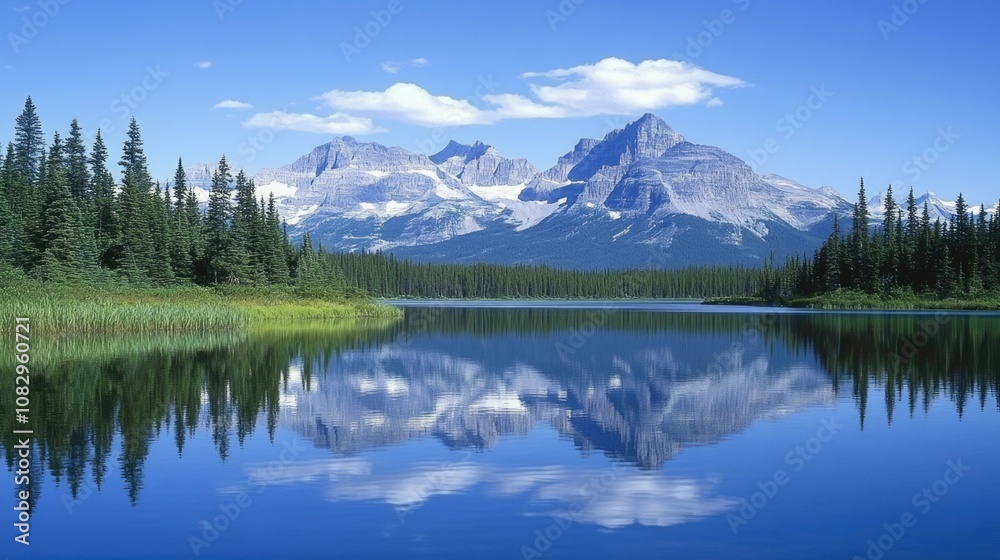 Serene Reflections: Majestic Mountains and Lush Trees Mirrored in the Calm Waters of Moor Lake, Yoho National Park, British Columbia, Canada Serene Reflections: Majestic Mountains and Lush Trees Mirrored in the Calm Waters of Moor Lake, Yoho National Park, British Columbia, Canada