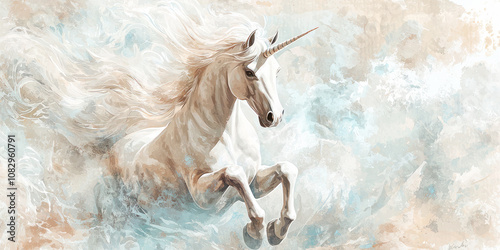 Graceful illustration of a white unicorn with a silver horn surrounded by flowing abstract patterns in soft blue and beige tones.