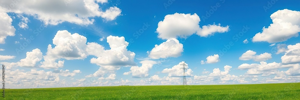 Blue sky with puffy white clouds floating over lush green fields on a sunny summer day, skies, idyllic Blue sky with puffy white clouds floating over lush green fields on a sunny summer day, skies, idyllic